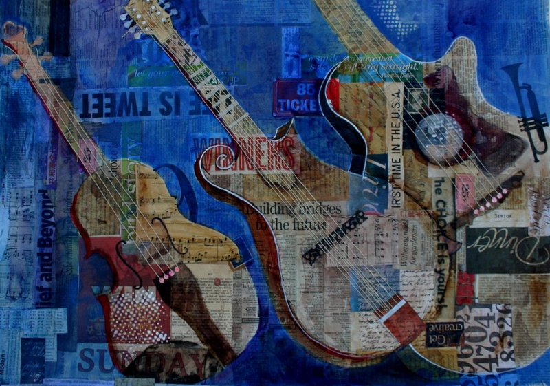 collage, text, painting on text, guitars